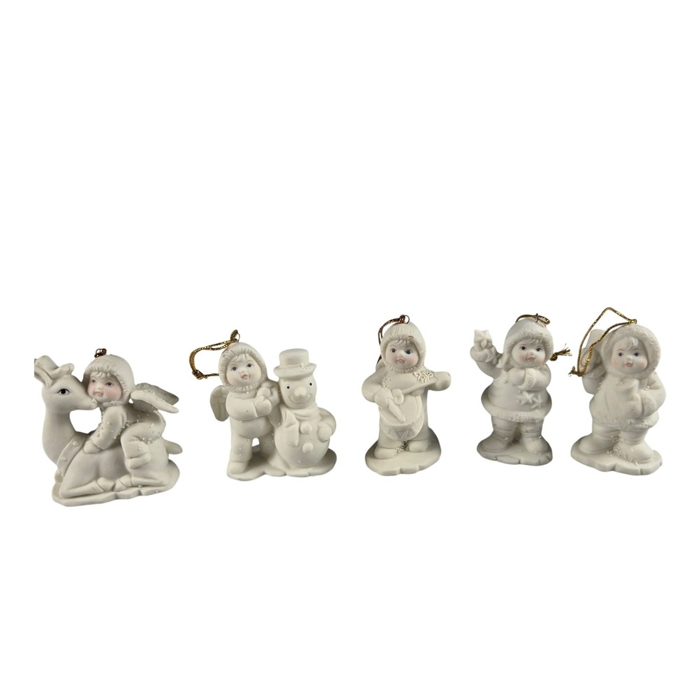 Vintage Bisque Christmas Ornament Lot Angel Kids Snowman Deer Set of‎ 5